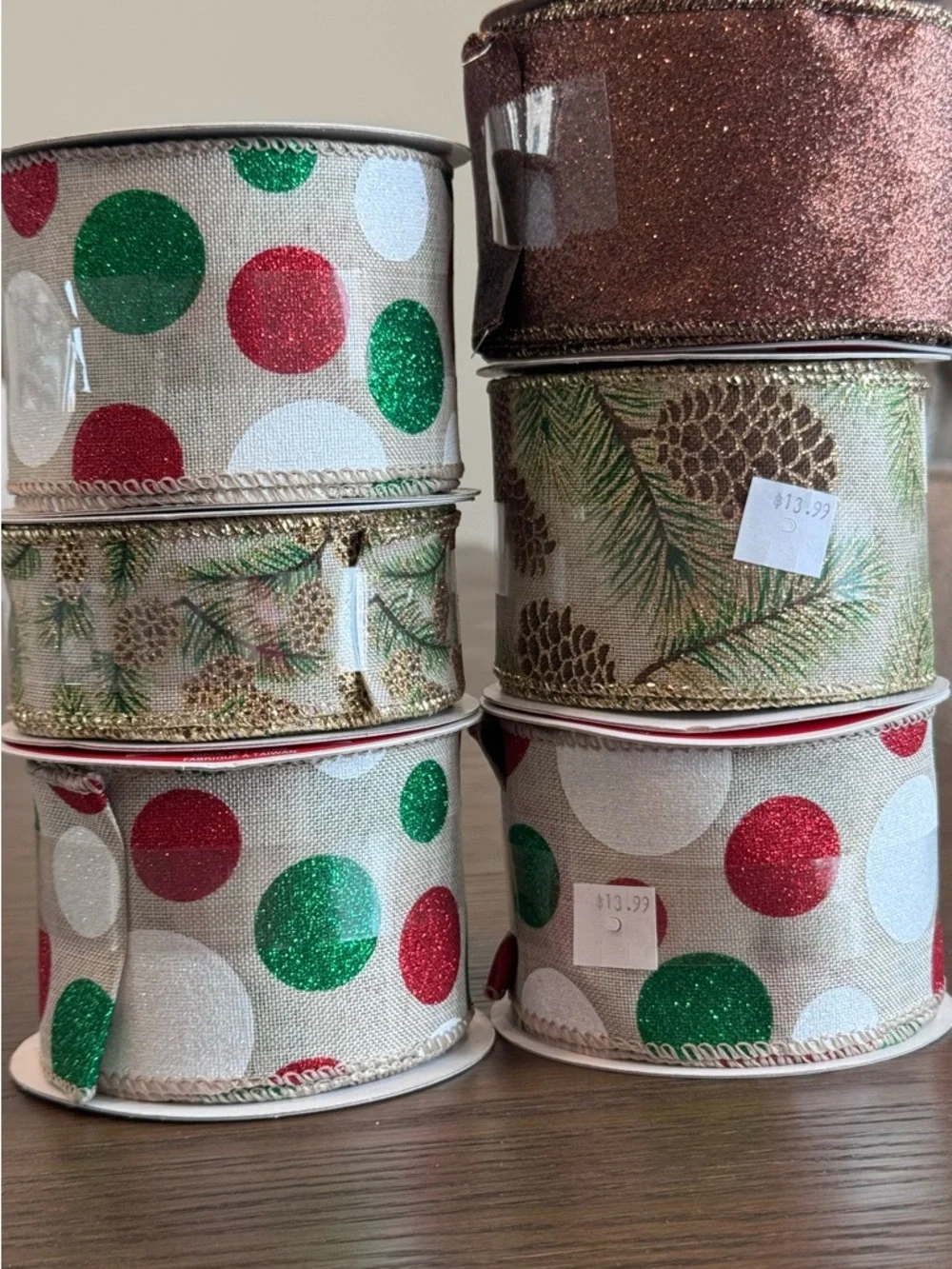 Assorted Wired Holiday Ribbon - Red, Green, White, Gold, Silver , Brown